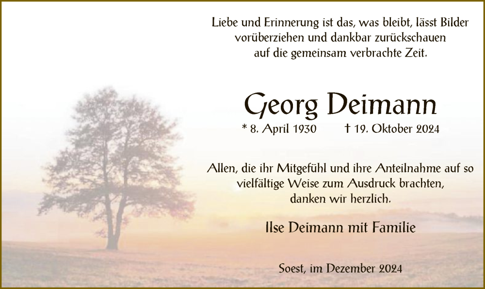  Traueranzeige für Georg Deimann vom 14.12.2024 aus WA