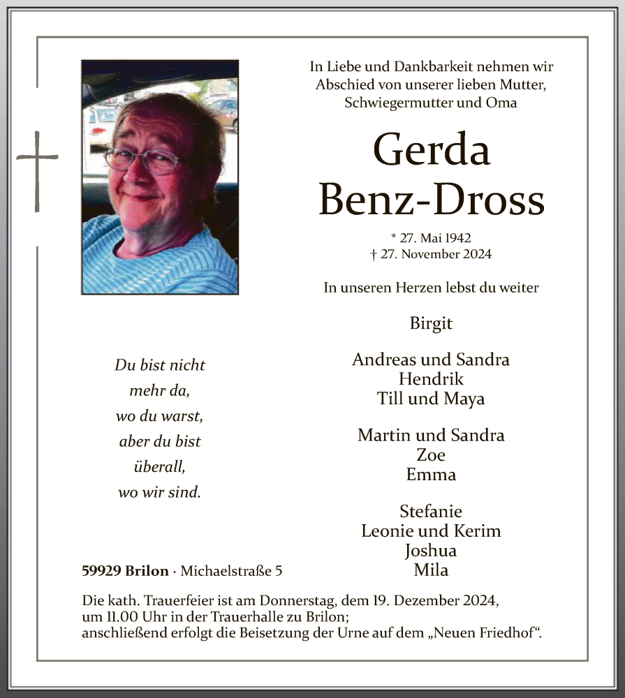  Traueranzeige für Gerda Benz-Dross vom 14.12.2024 aus WA
