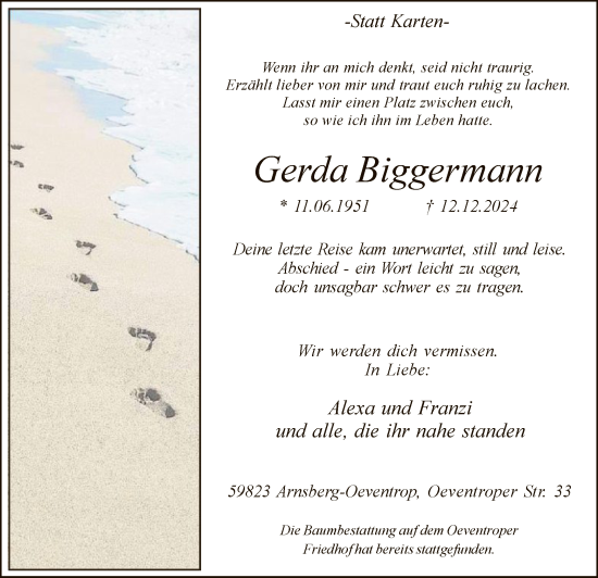 Traueranzeige von Gerda Biggermann von WA