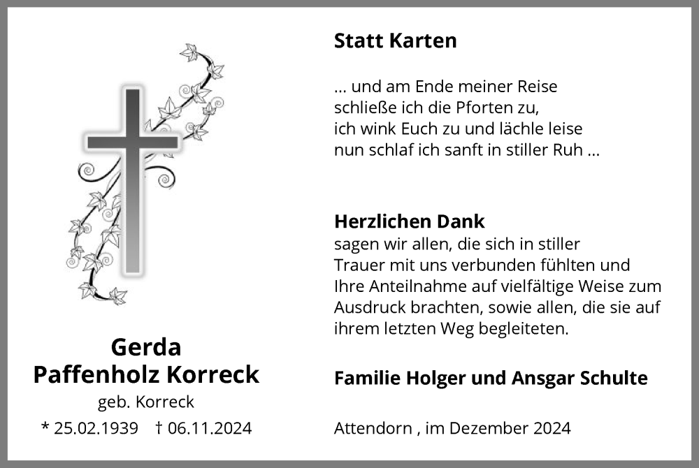  Traueranzeige für Gerda Paffenholz Korreck vom 21.12.2024 aus WA