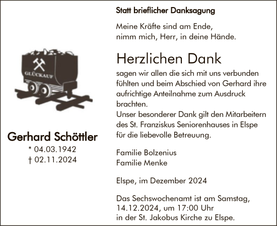 Traueranzeige von Gerhard Schöttler von WA