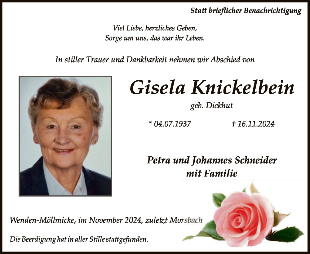 Traueranzeige für Gisela Knickelbein vom 07.12.2024 aus WA