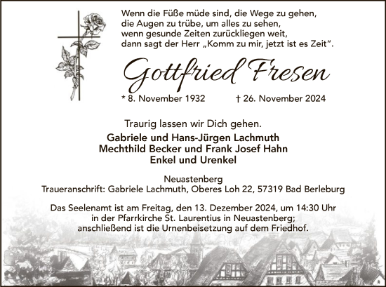 Traueranzeige von Gottfried Fresen von WA