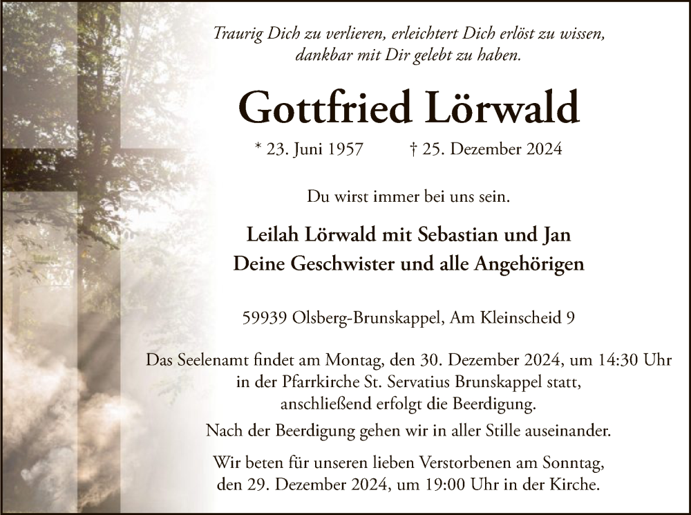  Traueranzeige für Gottfried Lörwald vom 28.12.2024 aus WA