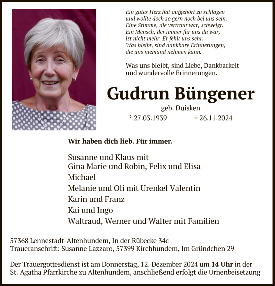 Traueranzeige von Gudrun Büngener von WA