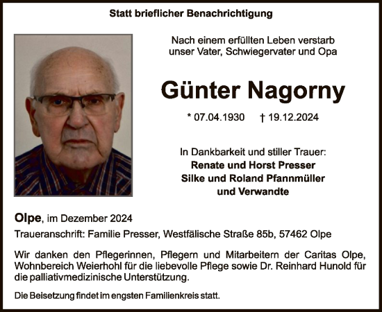 Traueranzeige von Günter Nagorny von WA