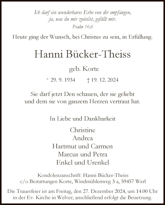 Traueranzeige von Hanni Bücker-Theiss von WA