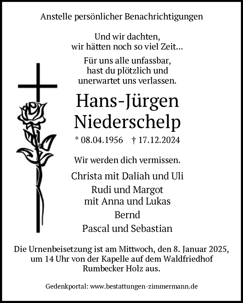  Traueranzeige für Hans-Jürgen Niederschelp vom 28.12.2024 aus WA