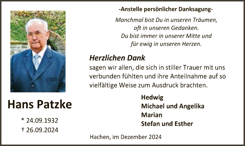  Traueranzeige für Hans Patzke vom 14.12.2024 aus WA