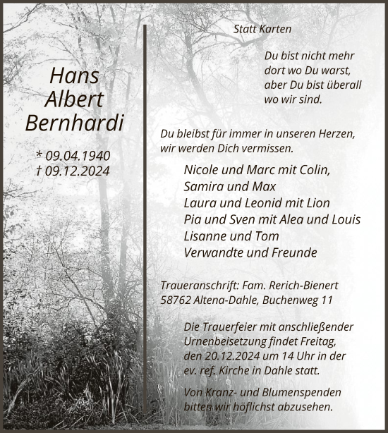 Traueranzeige von Hans Albert Bernhardi von WA