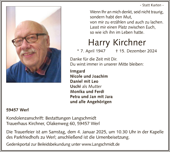 Traueranzeige von Harry Kirchner von WA