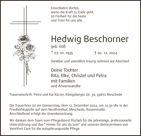 Traueranzeige von Hedwig Beschorner von WA