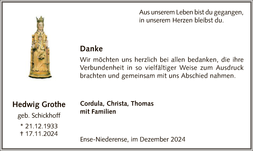  Traueranzeige für Hedwig Grothe vom 21.12.2024 aus WA