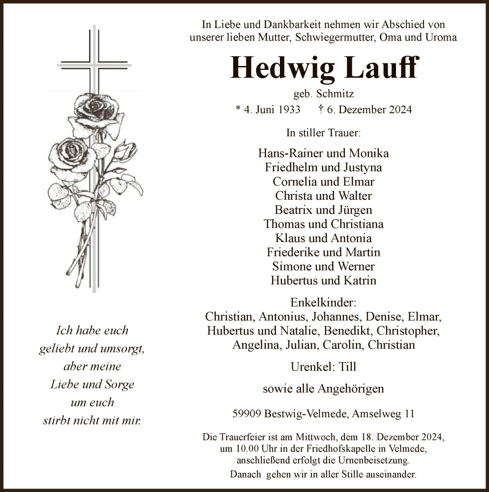  Traueranzeige für Hedwig Lauff vom 14.12.2024 aus WA