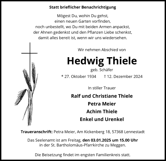 Traueranzeige von Hedwig Thiele von WA