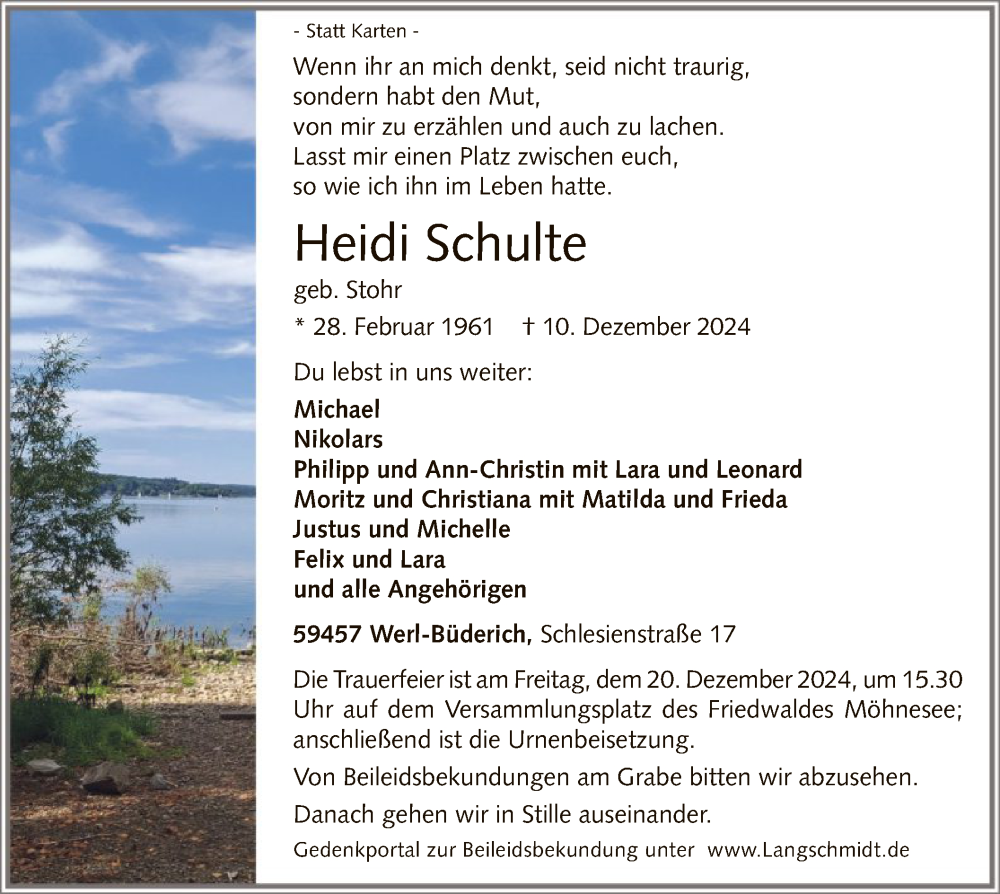  Traueranzeige für Heidi Schulte vom 14.12.2024 aus WA