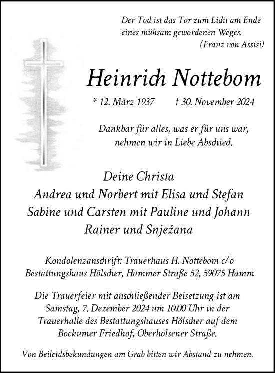 Traueranzeige von Heinrich Nottebom von WA