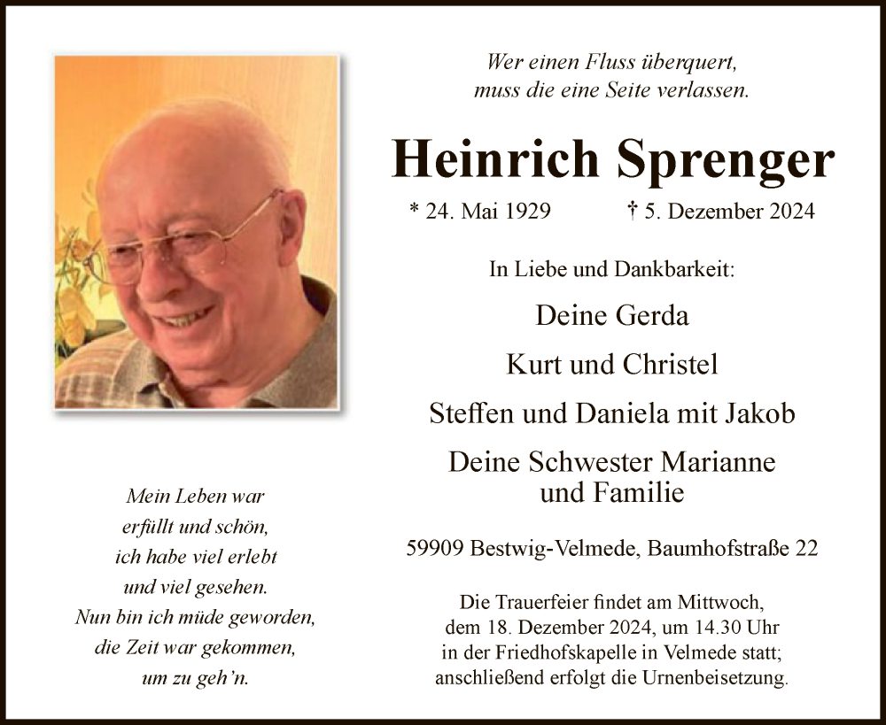  Traueranzeige für Heinrich Sprenger vom 14.12.2024 aus WA