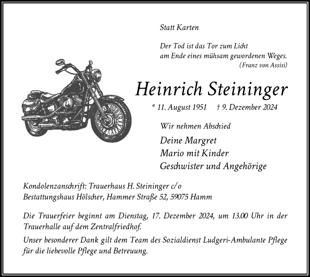  Traueranzeige für Heinrich Steininger vom 14.12.2024 aus WA