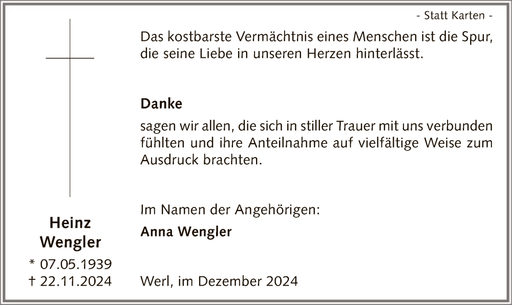  Traueranzeige für Heinz Wengler vom 21.12.2024 aus WA