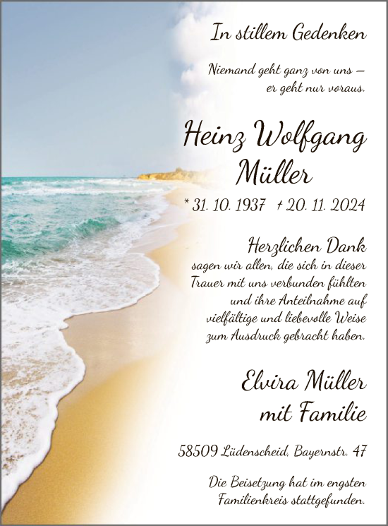Traueranzeige von Heinz Wolfgang Müller von WA
