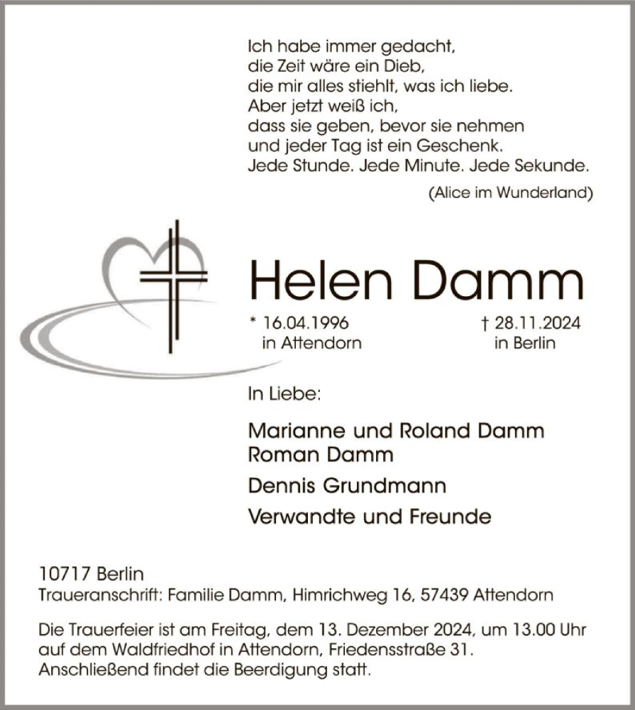  Traueranzeige für Helen Damm vom 07.12.2024 aus WA