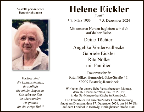 Traueranzeige von Helene Eickler von WA