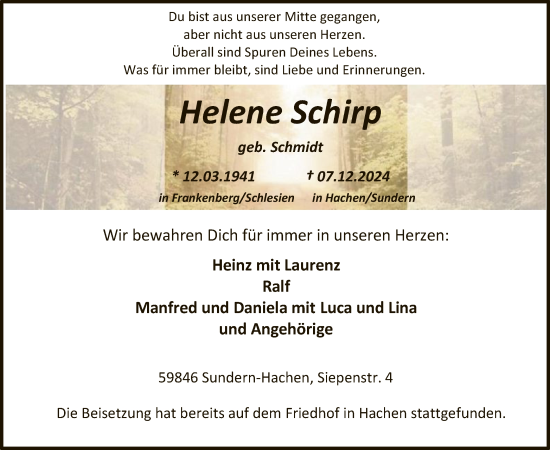 Traueranzeige von Helene Schirp von WA