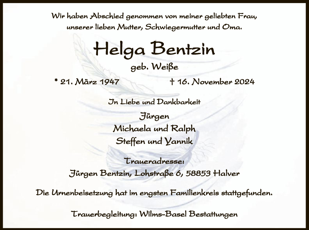  Traueranzeige für Helga Bentzin vom 28.12.2024 aus WA