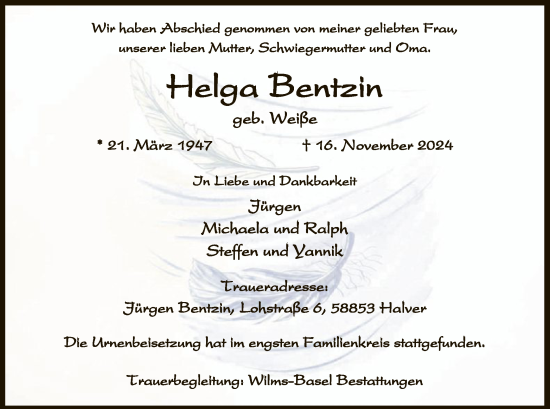 Traueranzeige von Helga Bentzin von WA