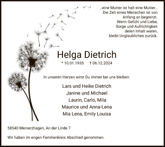 Traueranzeige von Helga Dietrich von WA
