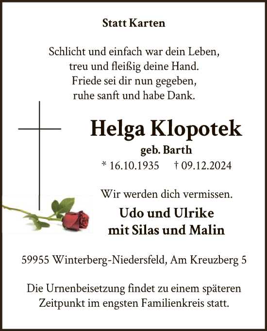 Traueranzeige von Helga Klopotek von WA