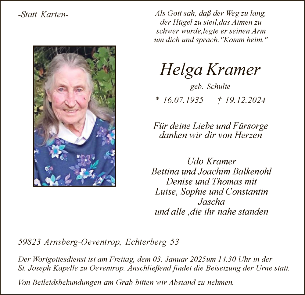  Traueranzeige für Helga Kramer vom 28.12.2024 aus WA
