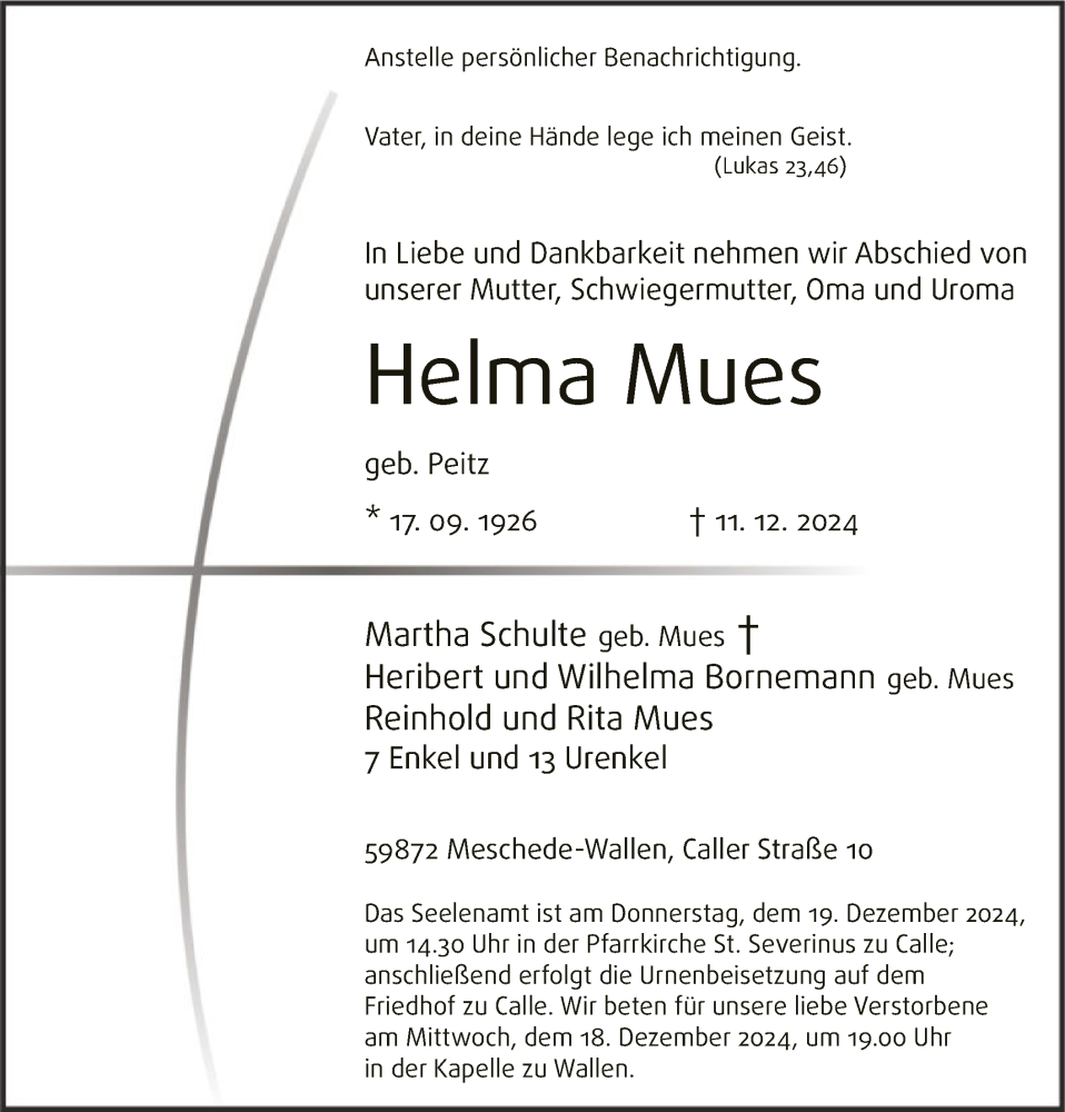  Traueranzeige für Helma Mues vom 14.12.2024 aus WA