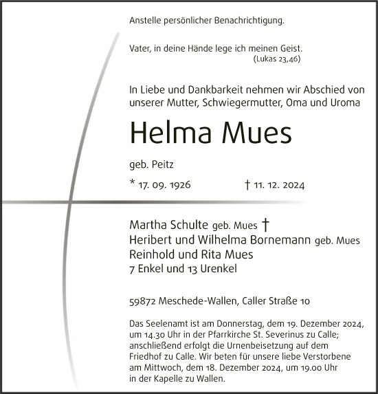 Traueranzeige von Helma Mues von WA