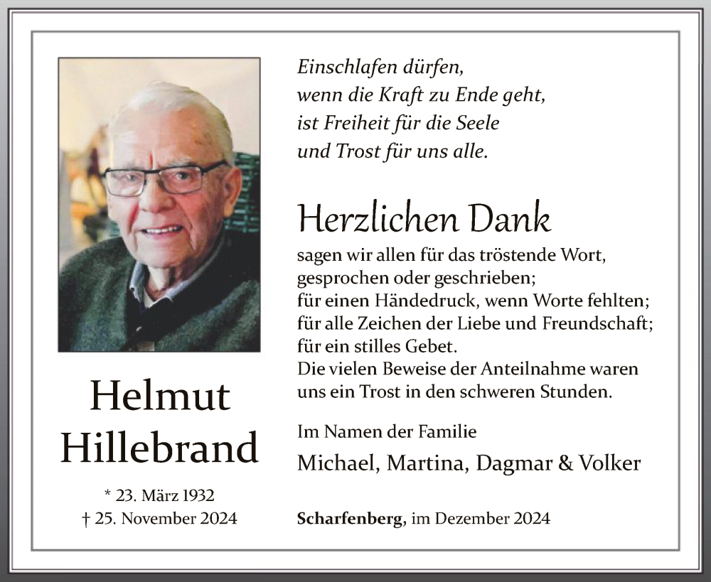  Traueranzeige für Helmut Hillebrand vom 21.12.2024 aus WA