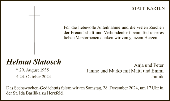 Traueranzeige von Helmut Slatosch von WA