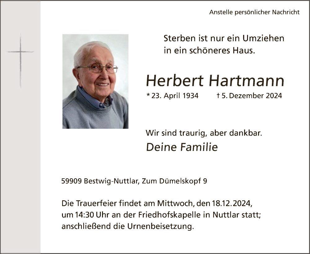  Traueranzeige für Herbert Hartmann vom 14.12.2024 aus WA