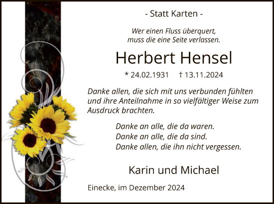 Traueranzeige von Herbert Hensel von WA