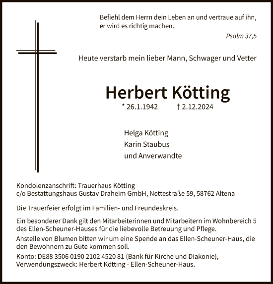 Traueranzeige von Herbert Kötting von WA