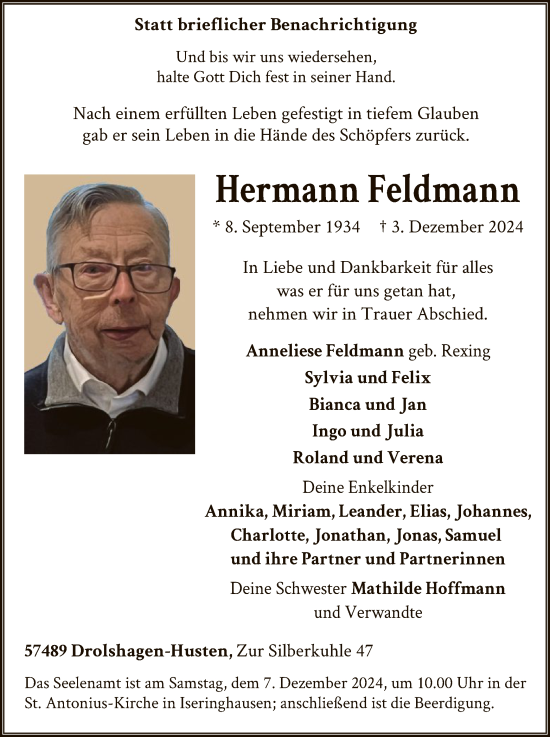 Traueranzeige von Hermann Feldmann von WA