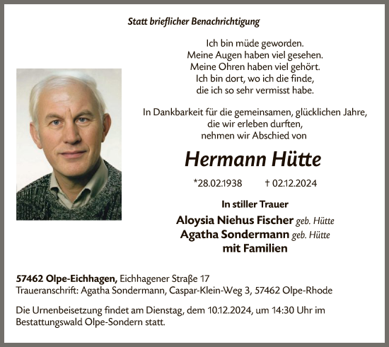 Traueranzeige von Hermann Hütte von WA