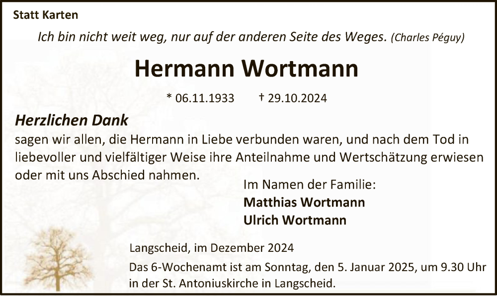  Traueranzeige für Hermann Wortmann vom 28.12.2024 aus WA