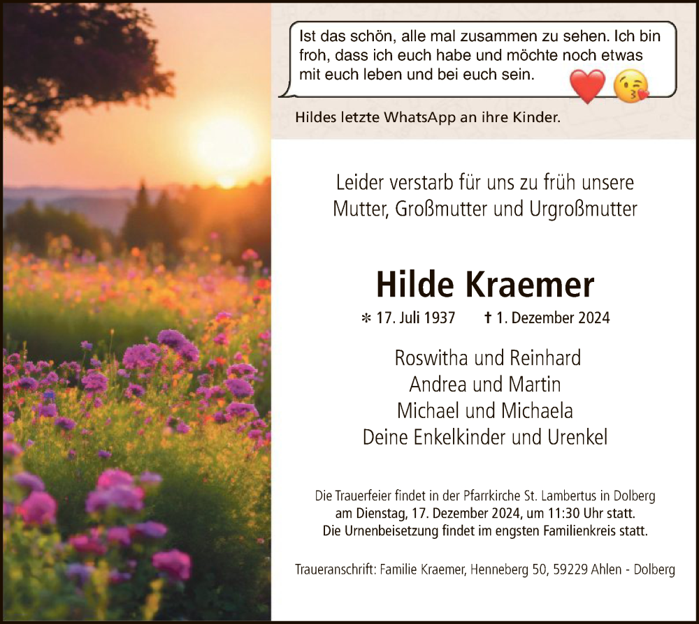  Traueranzeige für Hilde Kraemer vom 07.12.2024 aus WA