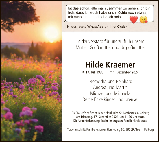 Traueranzeige von Hilde Kraemer von WA