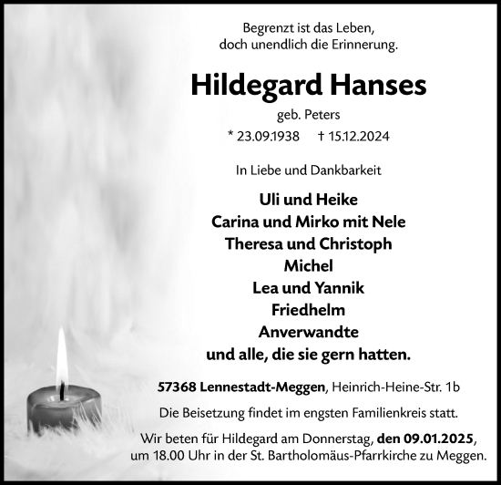 Traueranzeige von Hildegard Hanses von WA