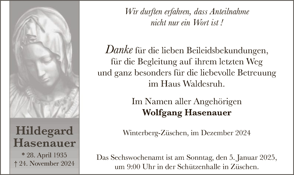  Traueranzeige für Hildegard Hasenauer vom 28.12.2024 aus WA