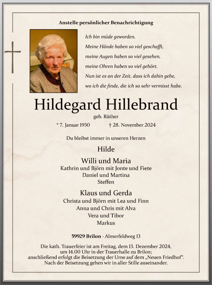  Traueranzeige für Hildegard Hillebrand vom 07.12.2024 aus WA