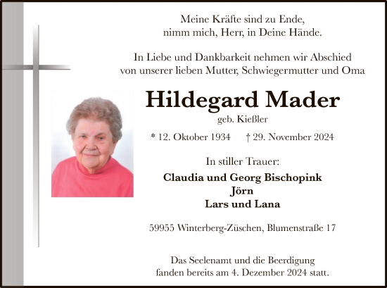 Traueranzeige von Hildegard Mader von WA