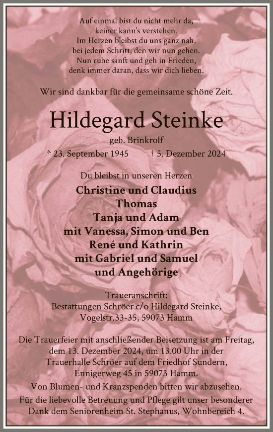 Traueranzeige von Hildegard Steinke von WA